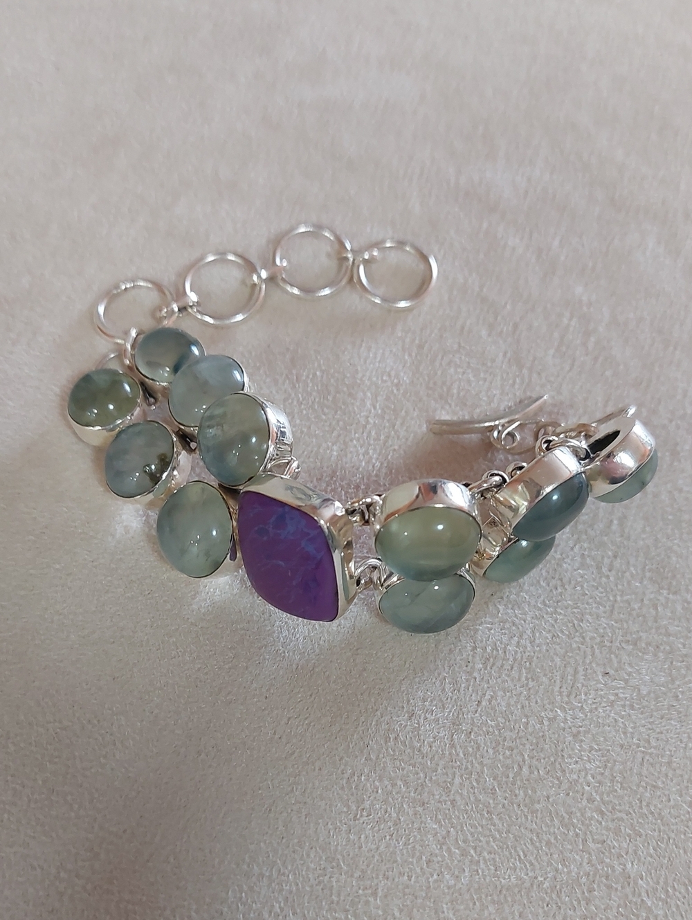 Sterling Silver Bracelet with Green Prehnite and Purple ADE Gemstones